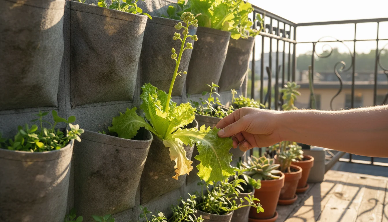 A gardener's hand harvests a leaf from a bolting lettuce plant with an elongated stem and flower buds in a fabric vertical planter on a sunny balcony.