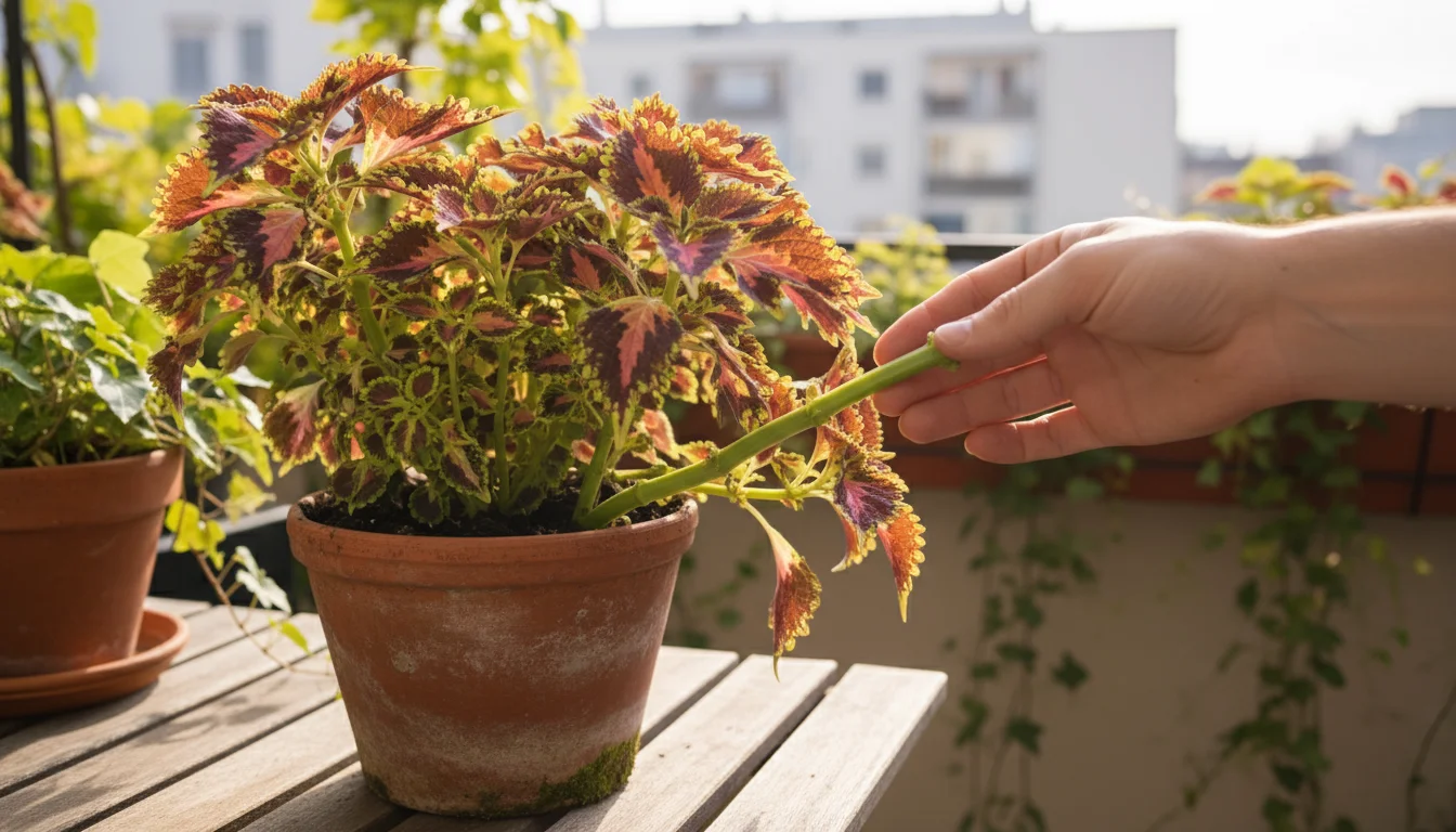 Gardener's hand highlights a healthy, non-flowering green stem on a variegated coleus plant in a terracotta pot.