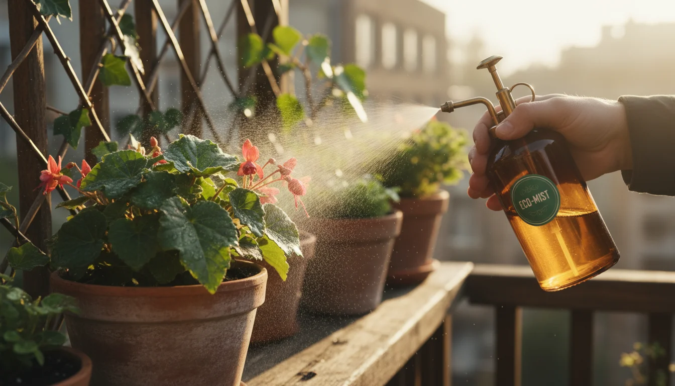 Gardener's hand holding an amber spray bottle, gently misting a thriving green perennial in a terracotta pot on a sunny balcony railing.