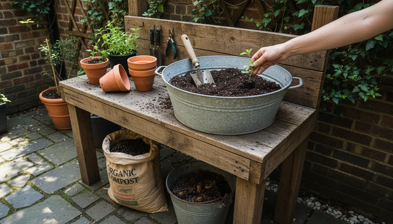 A gardener's hand holding a green seedling above a tub of refreshed potting soil, surrounded by empty terracotta pots and compost on a small patio.