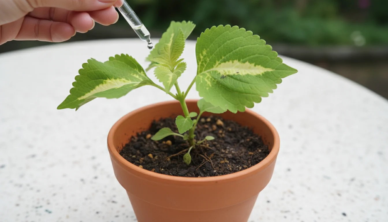 Close-up of a gardener's hand holding an insecticidal soap spray bottle over a coleus cutting with subtle pest damage in a terracotta pot on a modern