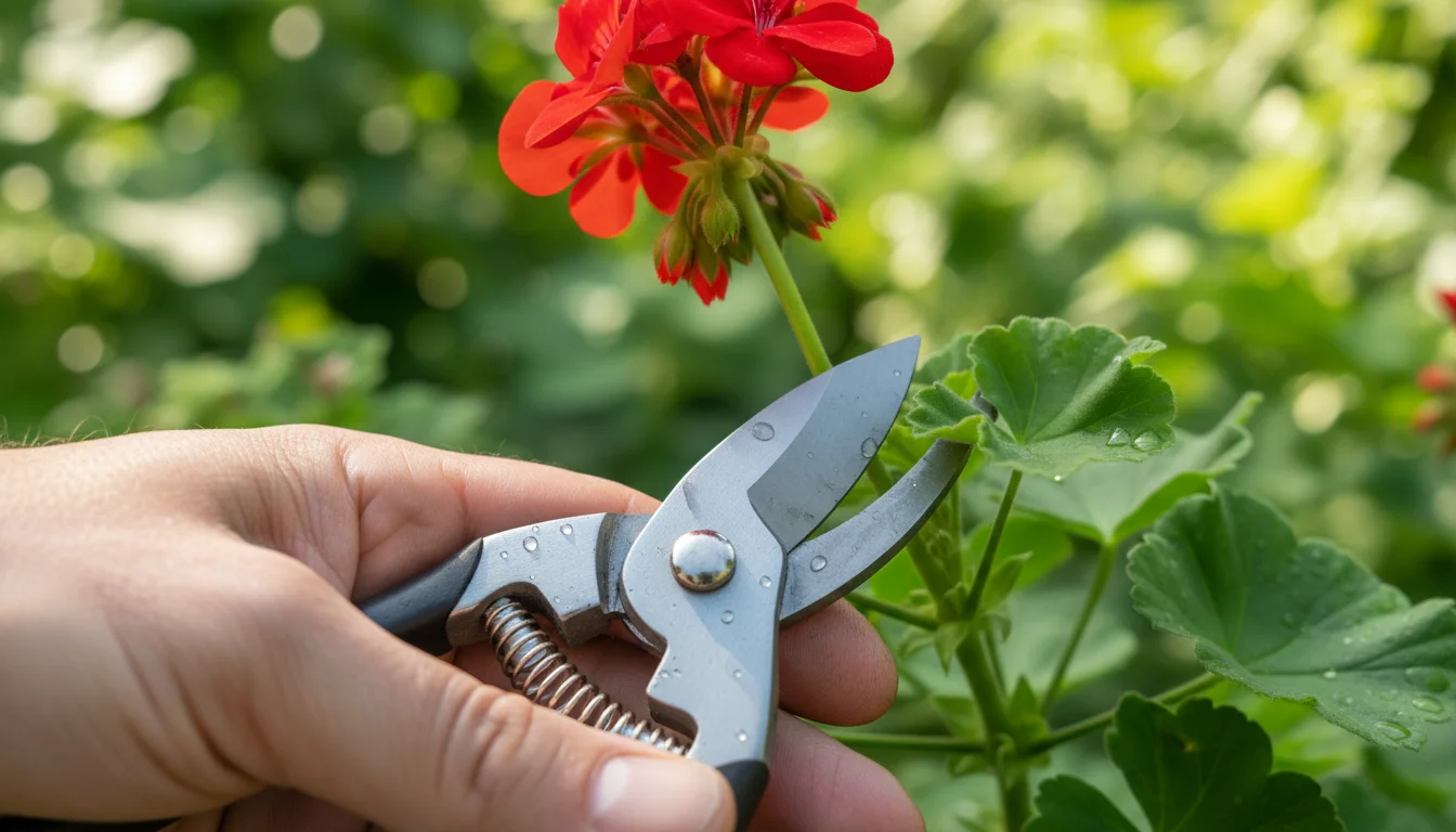 Close-up of a gardener's hand holding a vibrant red geranium stem, with sharp pruning shears positioned just below a leaf node, ready to make a cut.