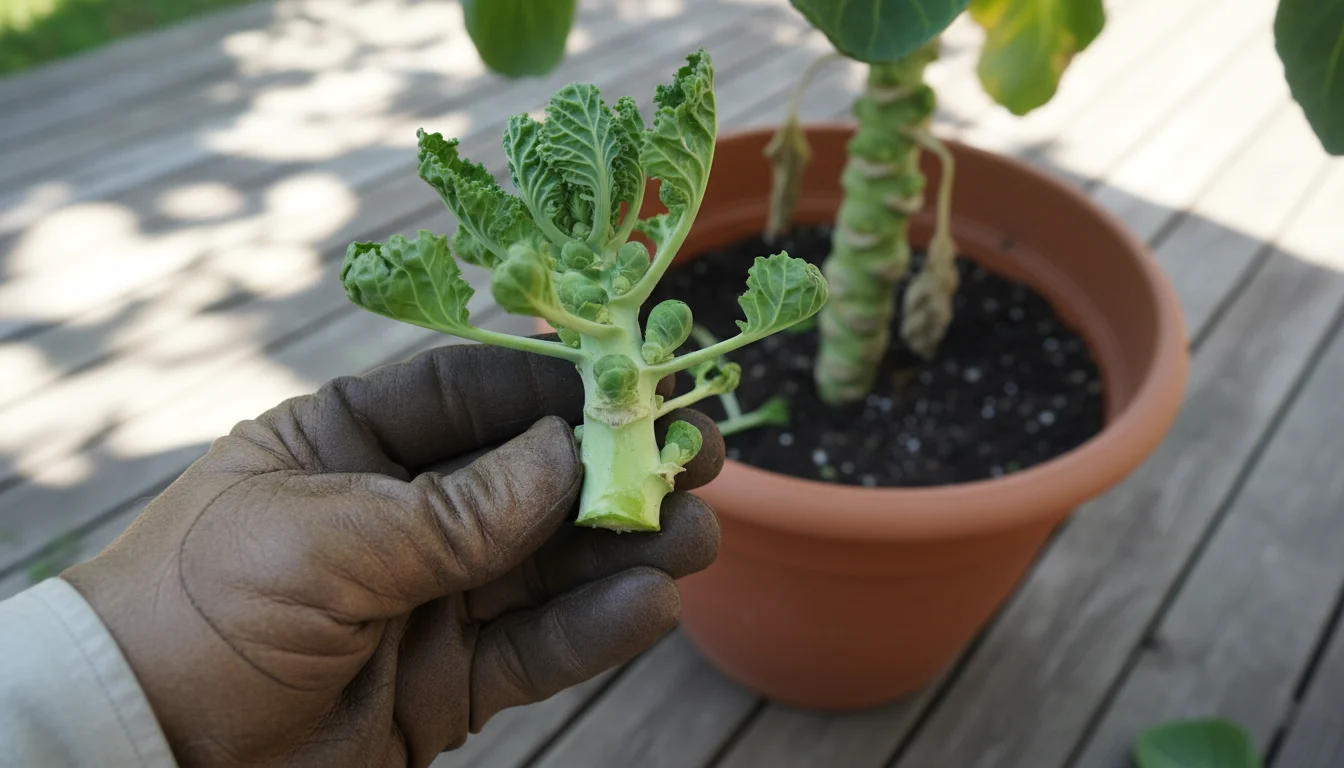 Gardener's hand holds the cut-off top section of a Brussels sprout plant, featuring small leaves. Topped plant in pot is blurred behind.