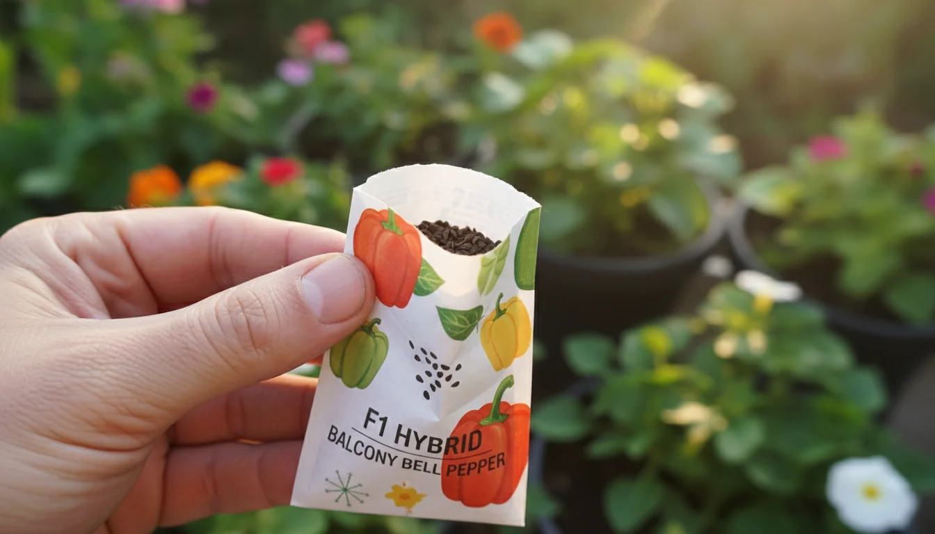A gardener's hand holds an F1 hybrid seed packet with small seeds visible, set against a blurred balcony garden.