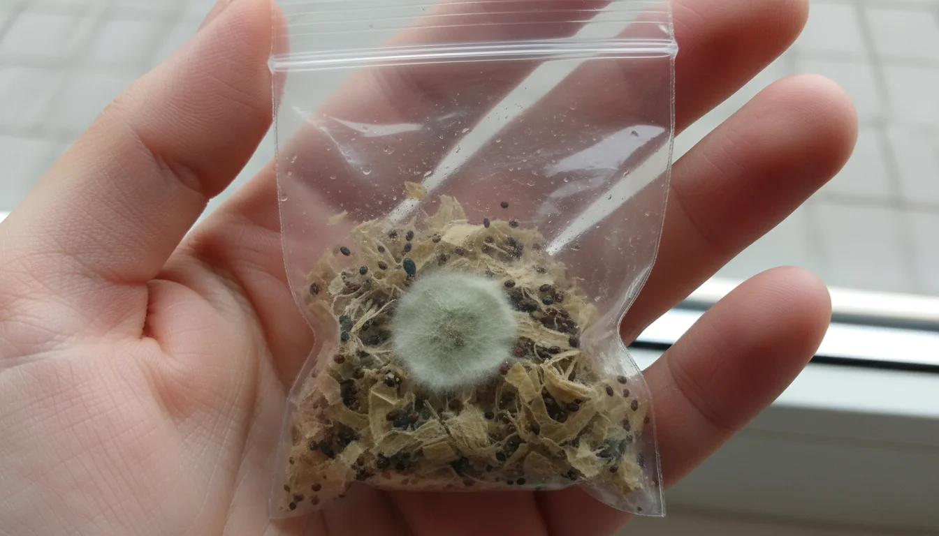 A gardener's hand holds a clear plastic bag with damp paper towel, tiny seeds, and a small patch of fuzzy greenish-white mold.