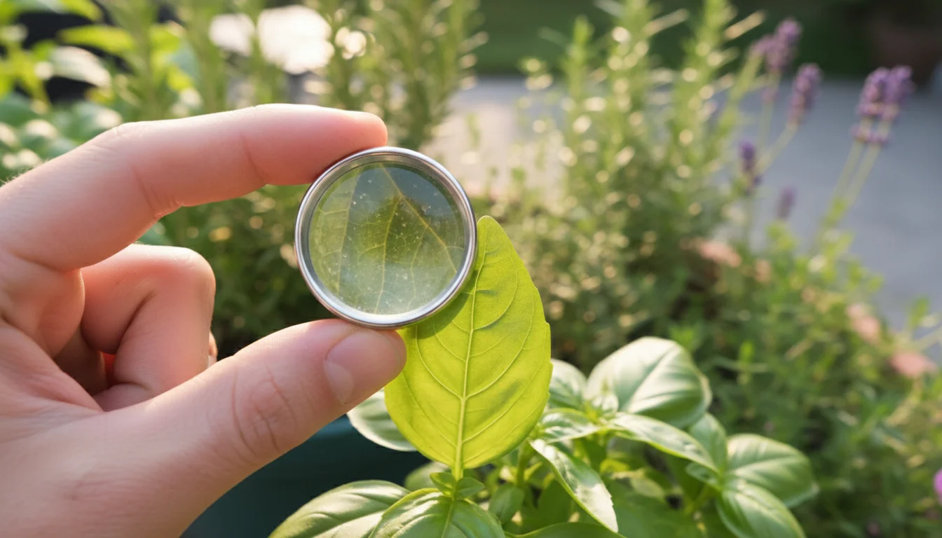 A gardener's hand holds a silver jeweler's loupe to a vibrant green basil leaf, inspecting it closely for tiny pests in a sunlit container garden.