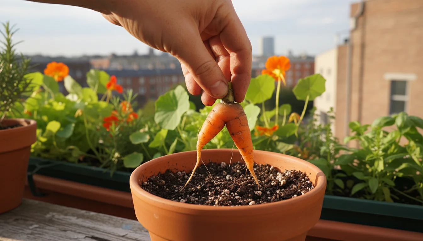 A gardener's hand holds a small, forked carrot pulled from a shallow pot on a balcony railing.