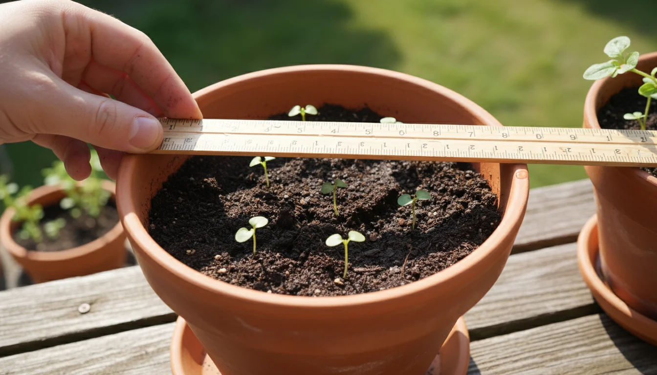 A gardener's hand holds a wooden ruler across a terracotta pot's rim, showing the 1.5-inch gap above the potting mix and young seedlings.