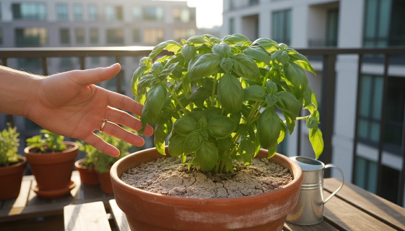 Gardener's hand hovering over visibly dry soil in a terracotta pot with a healthy basil plant on an urban balcony.