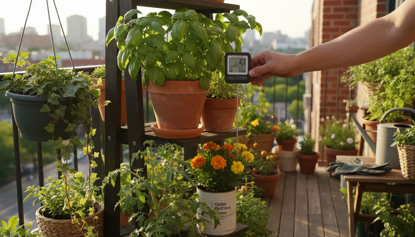 A gardener's hand inserts a digital soil meter into a basil pot on a tiered vertical planter on a sunny balcony, meter shows pH reading.
