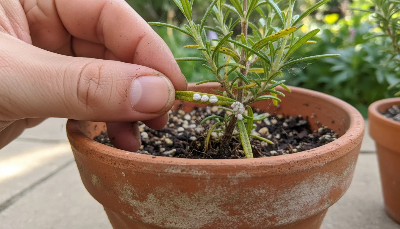 Close-up of a gardener's hand inspecting a rosemary plant in a terracotta pot, revealing white mealybugs and spider mite webbing on a yellowing leaf.