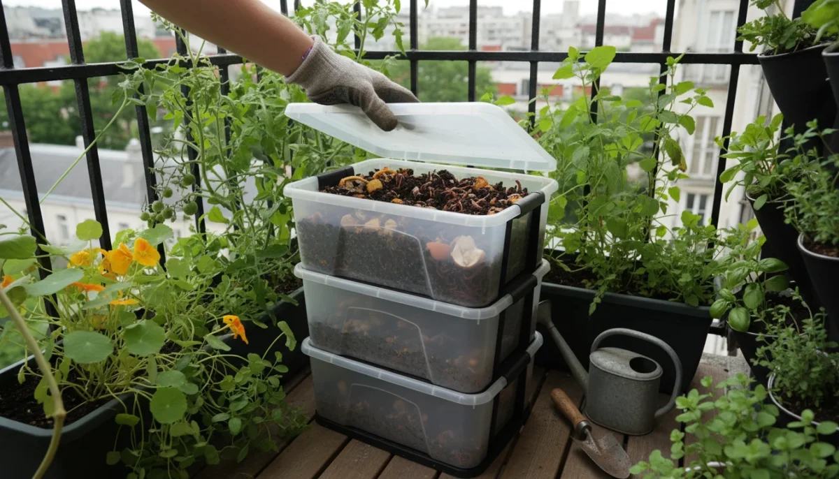 A gardener's hand inspects a compact DIY worm bin on a small balcony, revealing rich castings amidst thriving container plants.