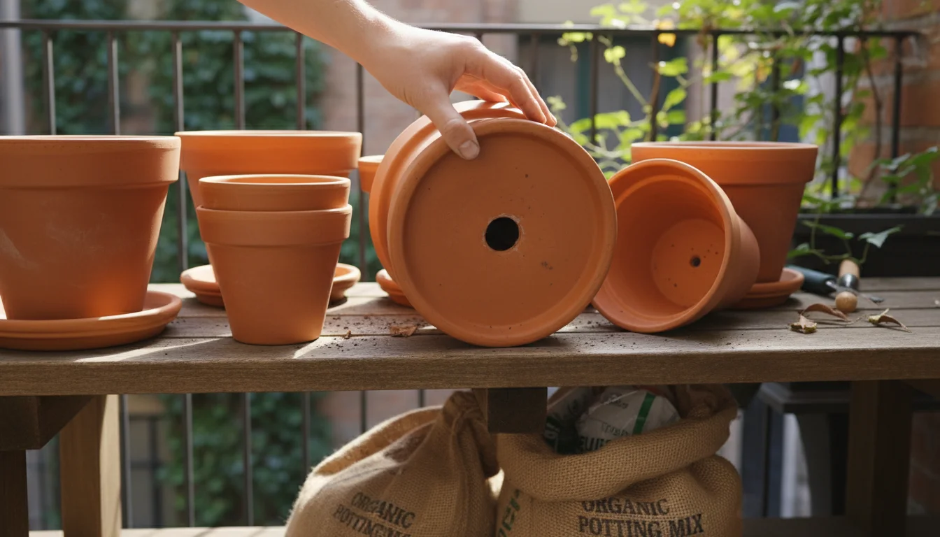 A gardener's hand inspects the drainage hole of a large terracotta pot on a sunny urban patio, surrounded by other empty pots and gardening supplies.