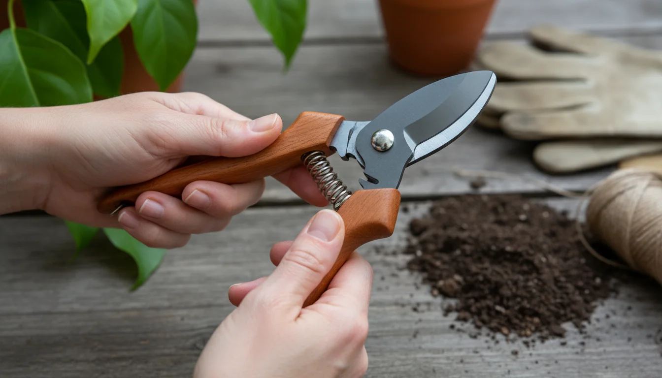 A gardener's hand carefully inspects a quality bypass hand pruner on a wooden patio table, with blurred container plants in the background.