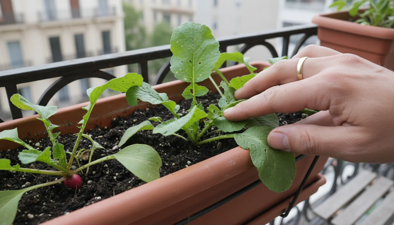 A gardener's hand inspects radish plants with small pest holes and yellowing leaves in a terracotta window box on a balcony.