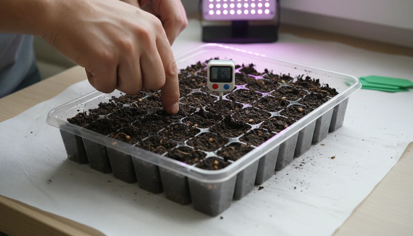 A gardener's hand inspects unsprouted cells in a compact indoor seed-starting tray, with a soil thermometer and old seed packet nearby.