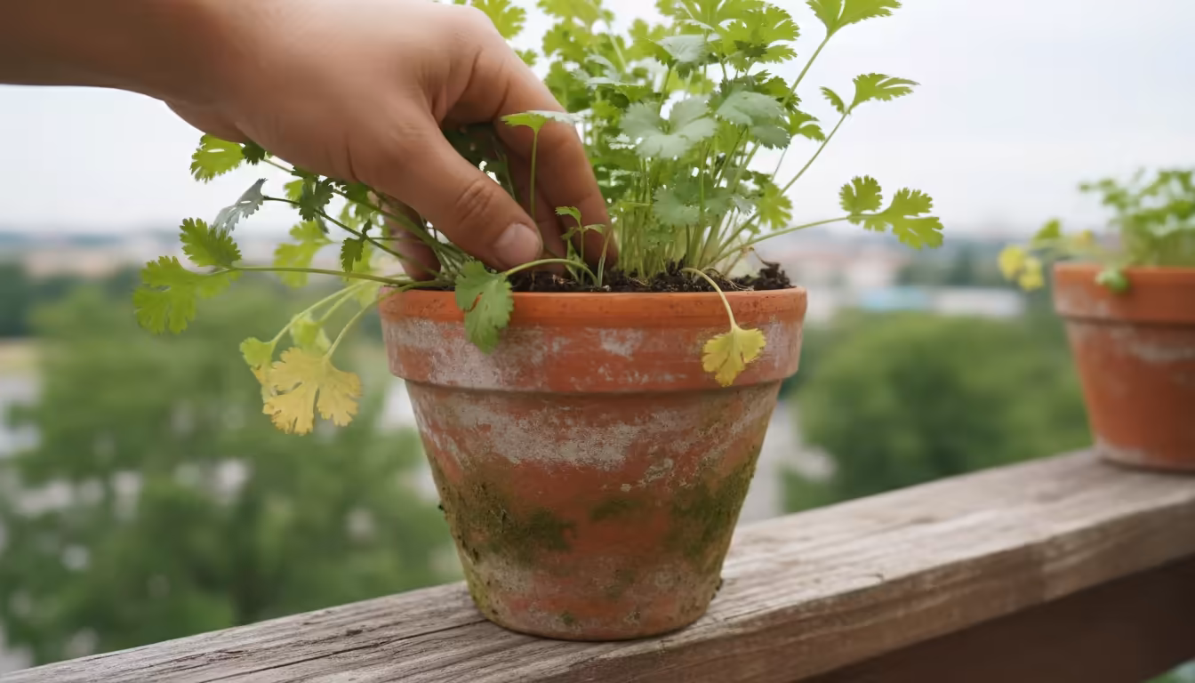 Gardener's hand gently inspects yellowing lower leaves on a cilantro plant in a terracotta pot on a balcony railing, troubleshooting a plant issue.