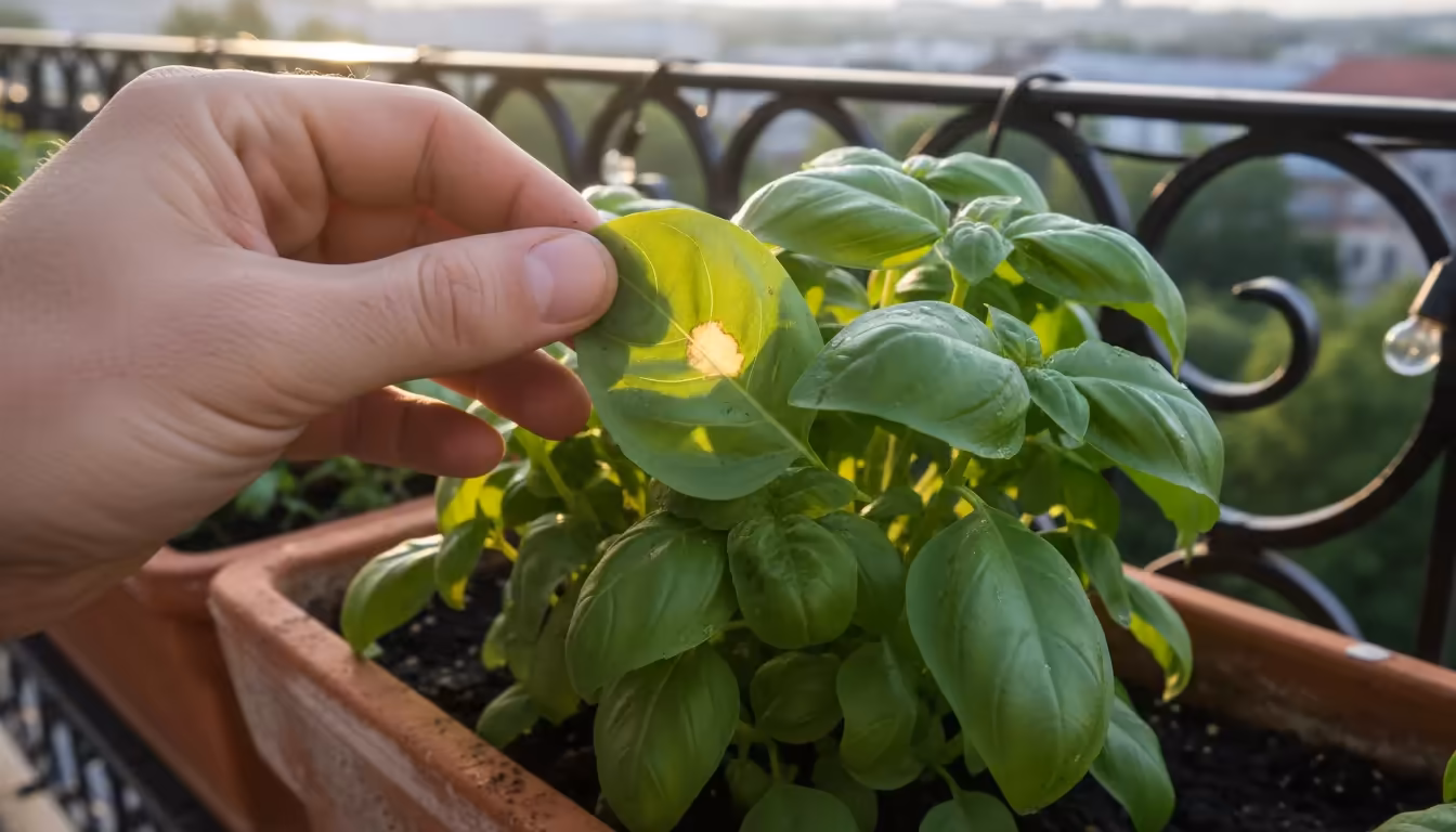 A gardener's hand gently lifts a basil leaf in a terracotta balcony planter, closely inspecting a tiny discolored spot.
