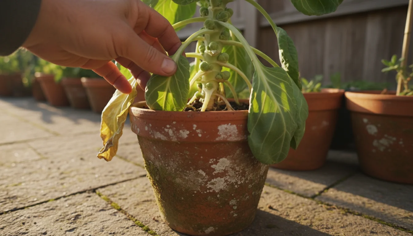 A gardener's hand gently lifts a Brussels sprout leaf to inspect it on a patio, with other plants blurred in the background.