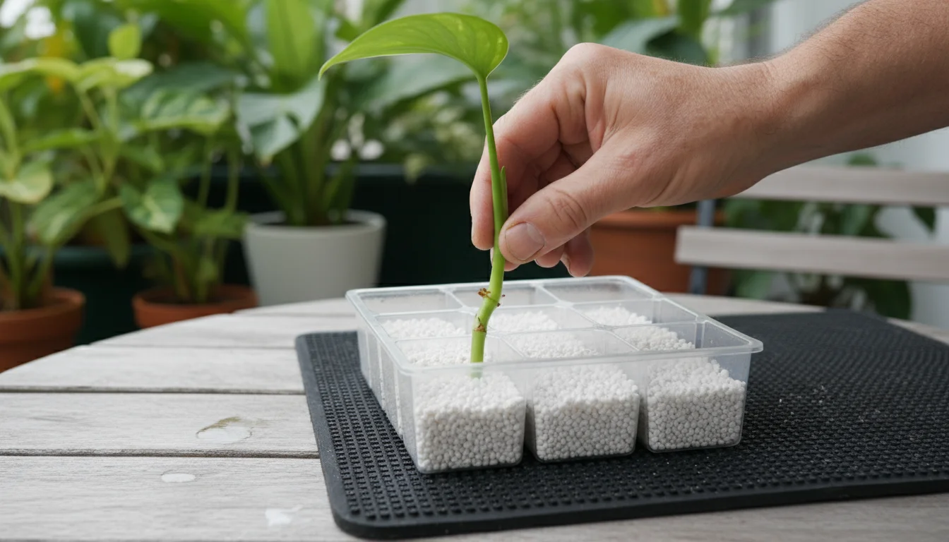 A gardener's hand lifts a green plant cutting from its pot, showing a healthy stem without roots, resting on a propagation heat mat.