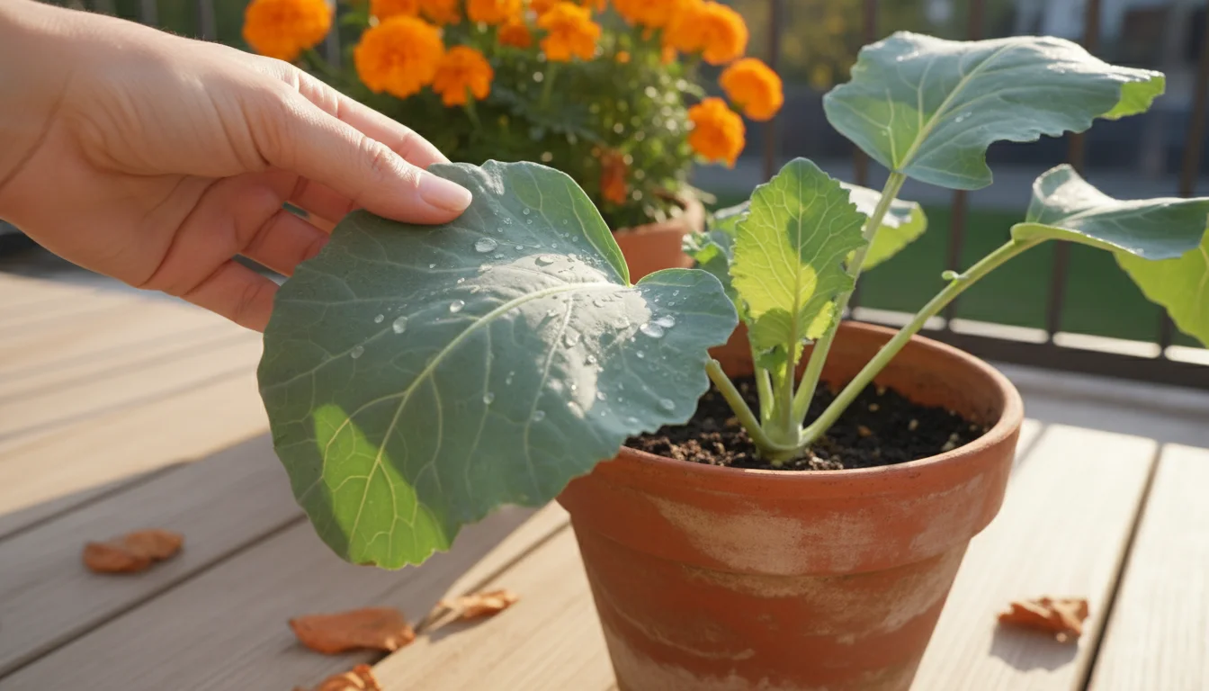 A gardener's hand lifts a kohlrabi leaf to inspect its underside. Nearby, orange marigolds bloom in a pot on a balcony.