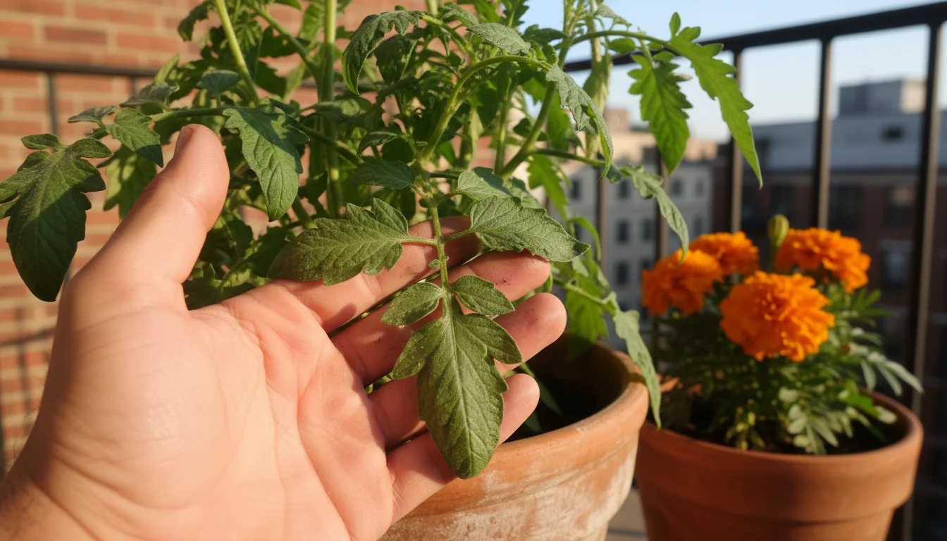 A gardener's hand gently lifts a tomato plant leaf, inspecting its underside in dappled sunlight, with a blurry marigold in a terracotta pot nearby.