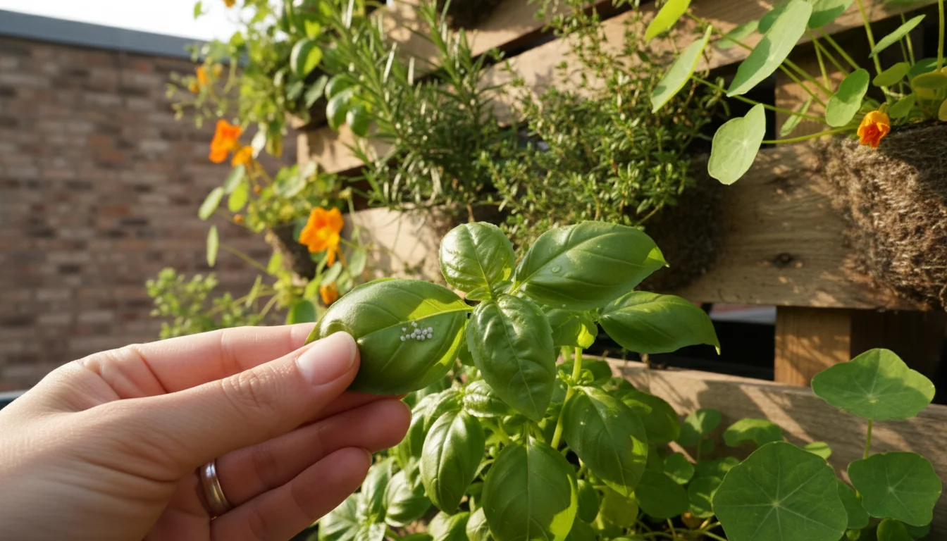 A gardener's hand gently lifts a vibrant green herb leaf from below, inspecting its underside in a sunlit vertical pallet garden.
