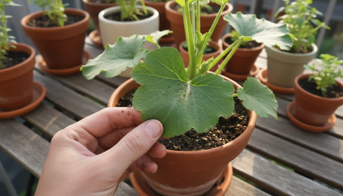 Gardener's hand lifts zucchini leaf in terracotta pot on sunny patio, revealing a subtle cluster of tiny green aphids.