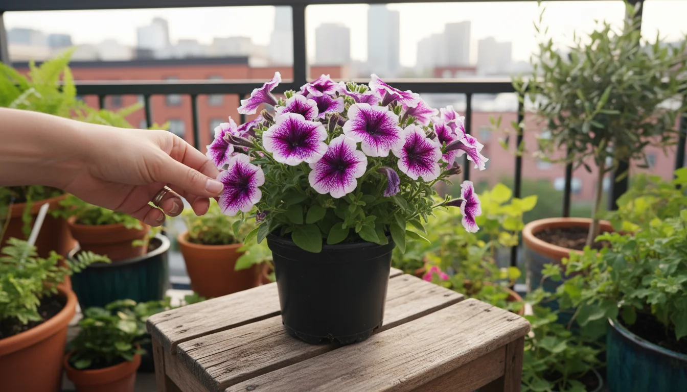 A gardener's hand meticulously inspects a new petunia plant in a plastic pot, isolated on a wooden stool on a balcony, separated from other container 