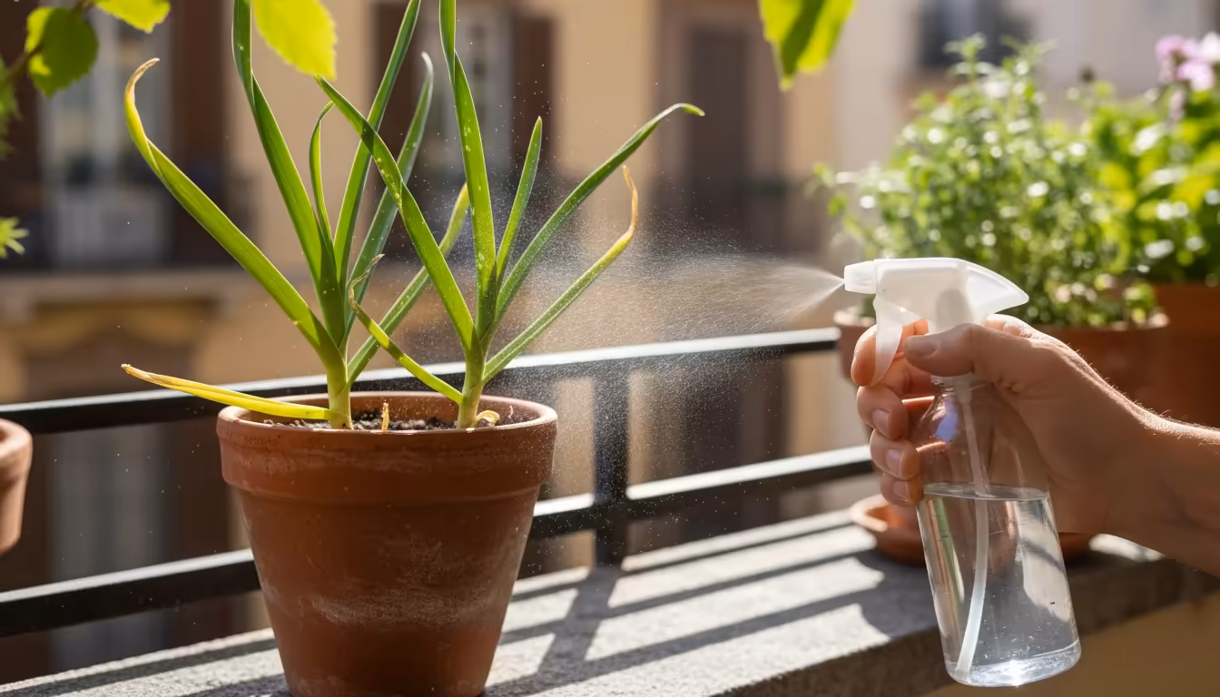 A gardener's hand mists a garlic plant in a balcony pot, addressing faint silvery streaks on leaves caused by thrips.