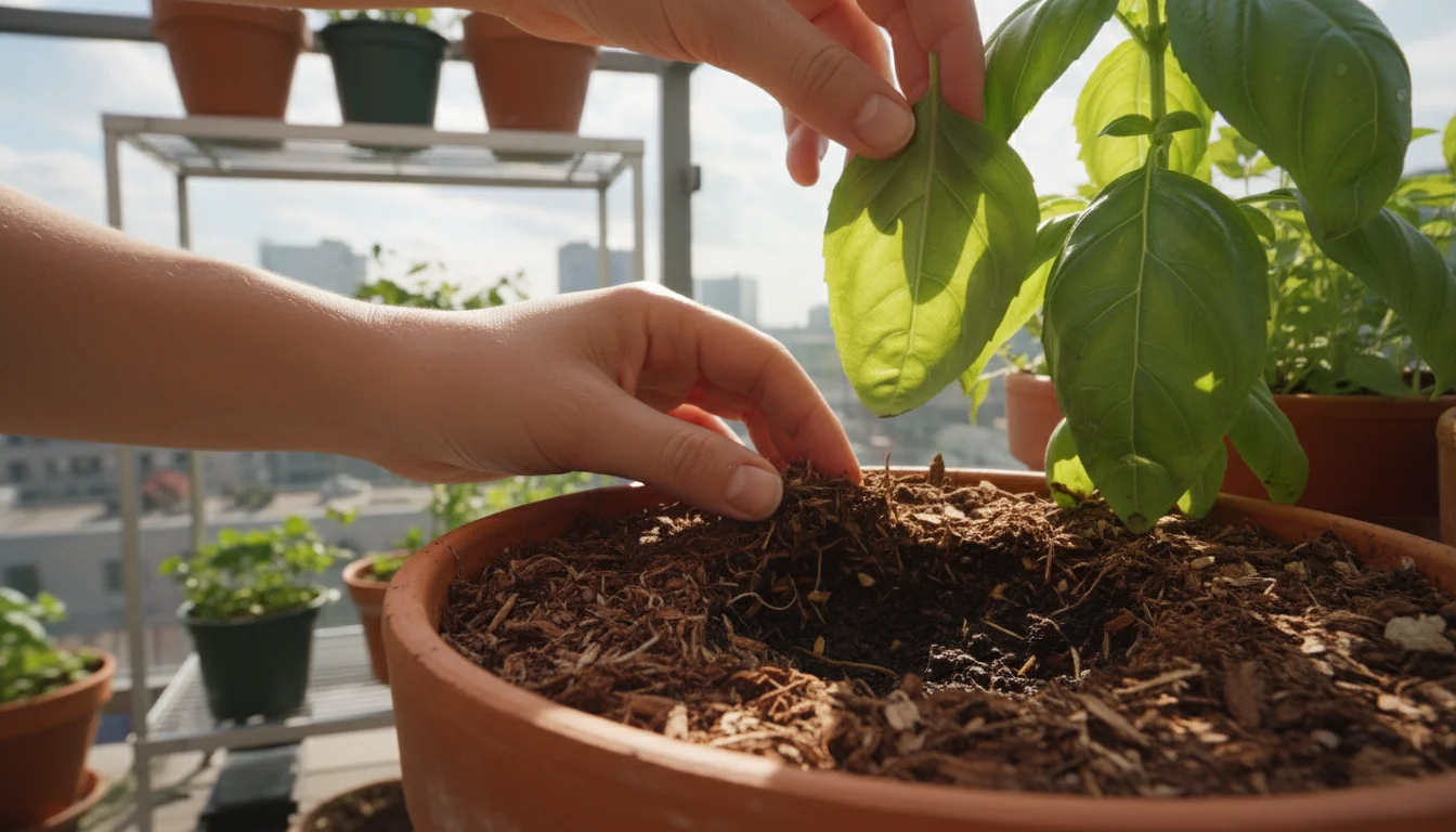Close-up of a gardener's hand gently parting dark mulch and lifting a vibrant green plant leaf in a terracotta pot on a sunlit balcony.