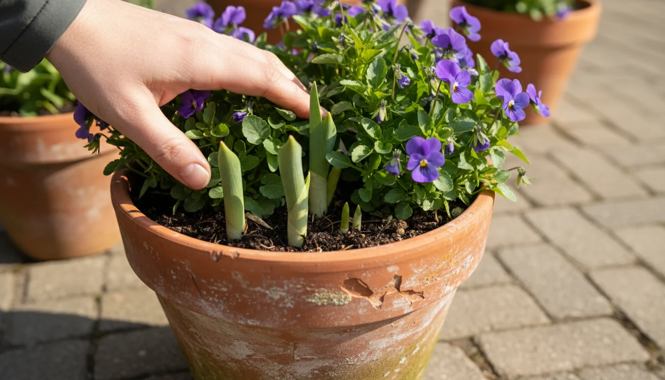 Gardener's hand gently parts annuals in a terracotta pot, revealing emerging green bulb shoots in a succession bloom planter.