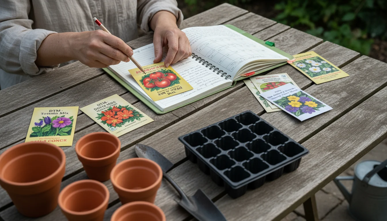 A gardener's hand with a pencil taps a seed packet on a small wooden patio table. An open journal with a sowing calendar, other seed packets, and empt
