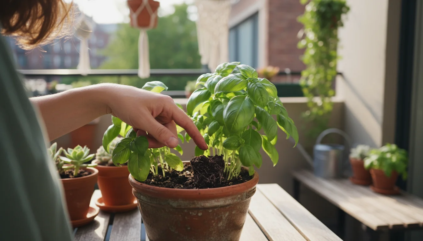 A gardener's hand performing the finger test on a basil plant in a terracotta pot on a sunlit urban balcony. Other container plants are blurred in the
