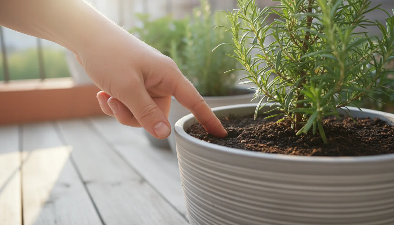 A gardener's hand performing the finger test on the soil of a potted rosemary plant on a sunlit balcony, with other containers in soft focus.