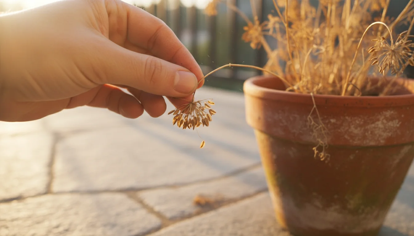 A gardener's hand gently pinches a dried, golden-brown dill seed head still on its stalk in a terracotta pot.