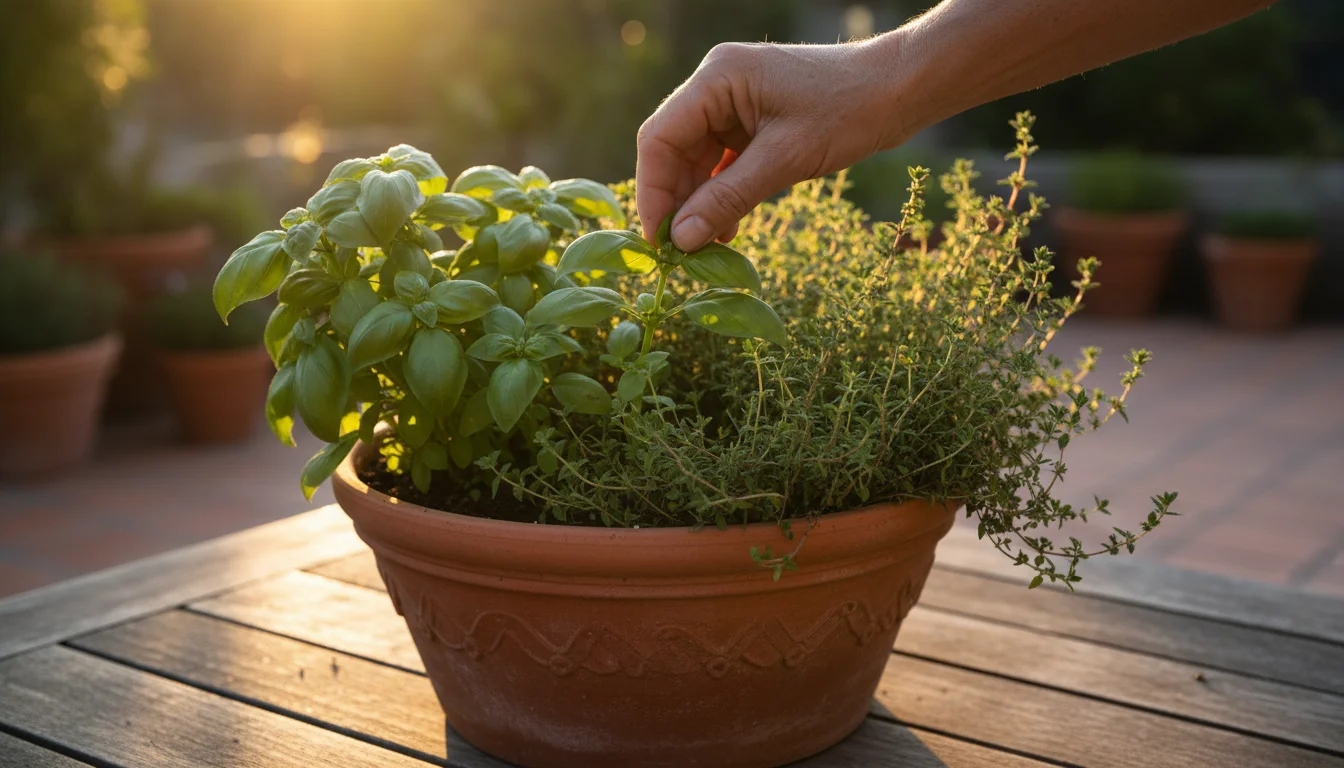 Gardener's hand pinching the top leaves of a basil plant in a terracotta 'pizza pot' with oregano and thyme on a patio.