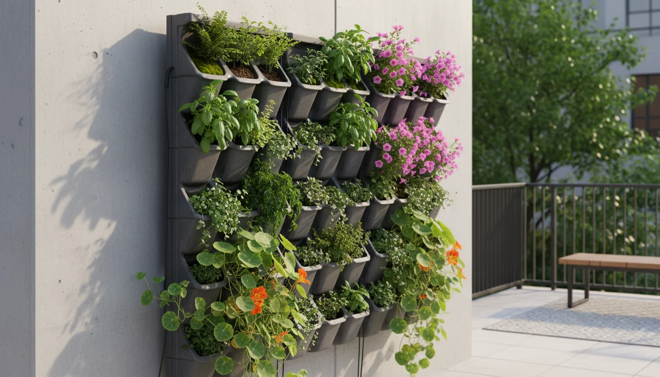 A gardener's hand plants in a modern charcoal-grey modular panel vertical garden, filled with herbs and flowers on an urban patio.