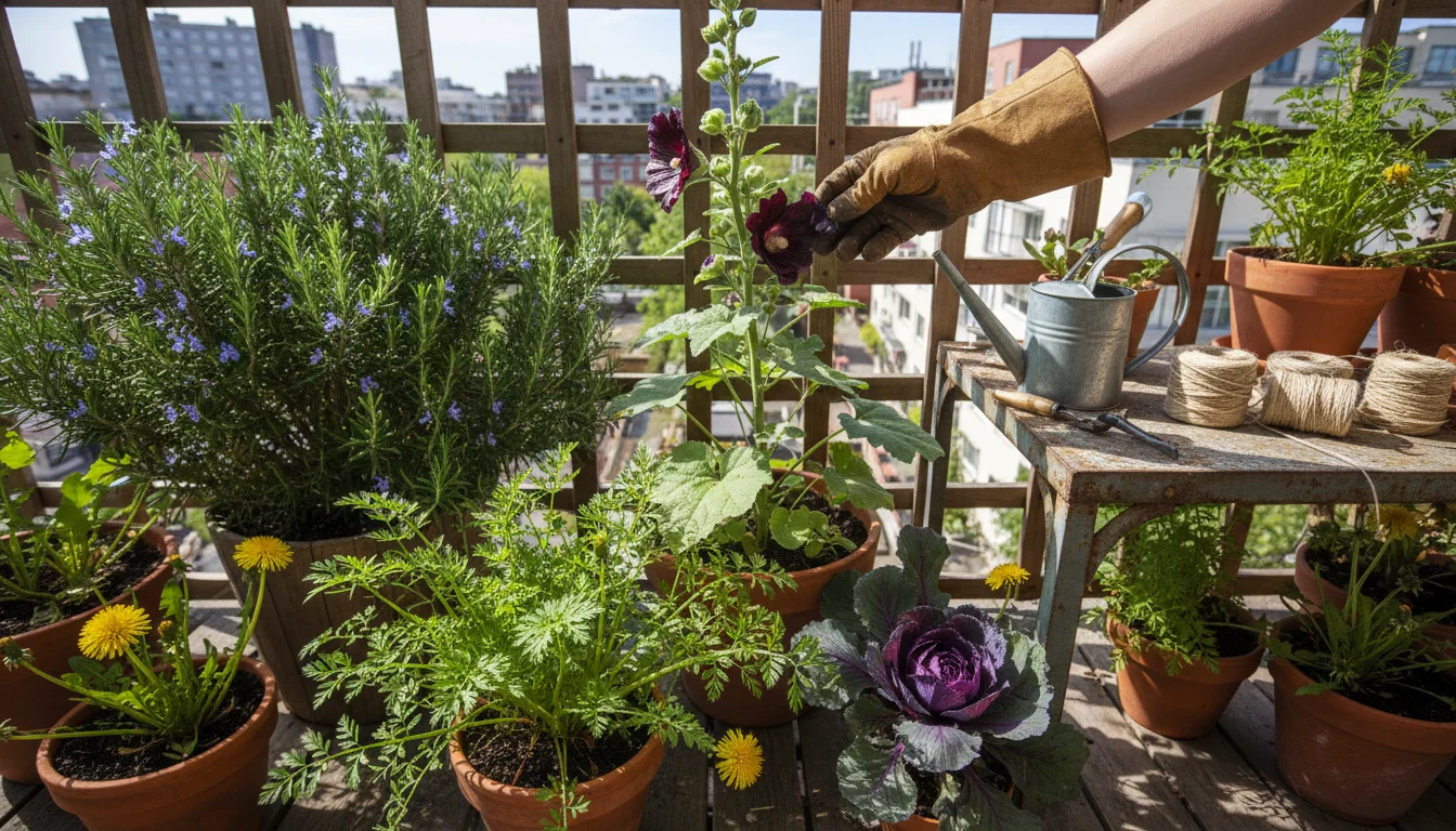 Gardener's hand plucks dark black hollyhock petals from a container on a balcony amidst rosemary, carrot tops, and red cabbage plants.