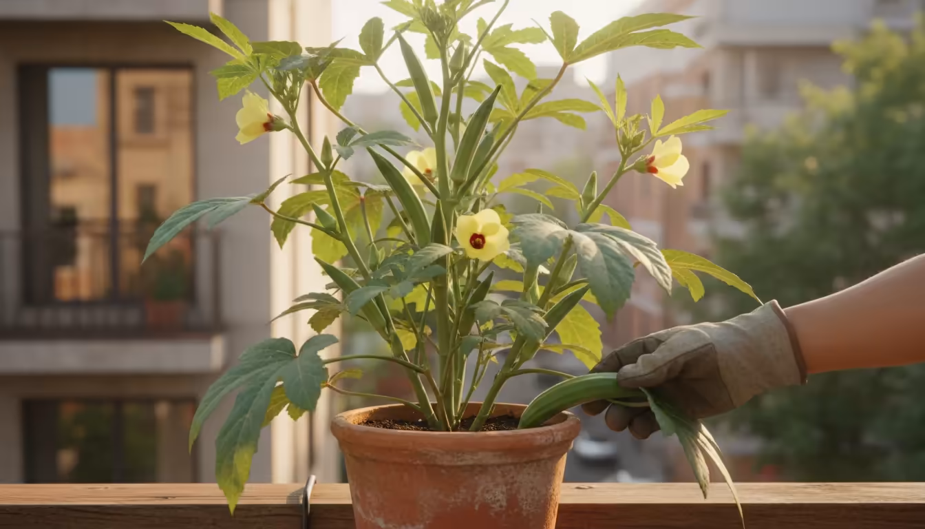A gardener's hand plucks a fresh okra pod from a tall plant thriving in a pot on a sunny urban balcony.