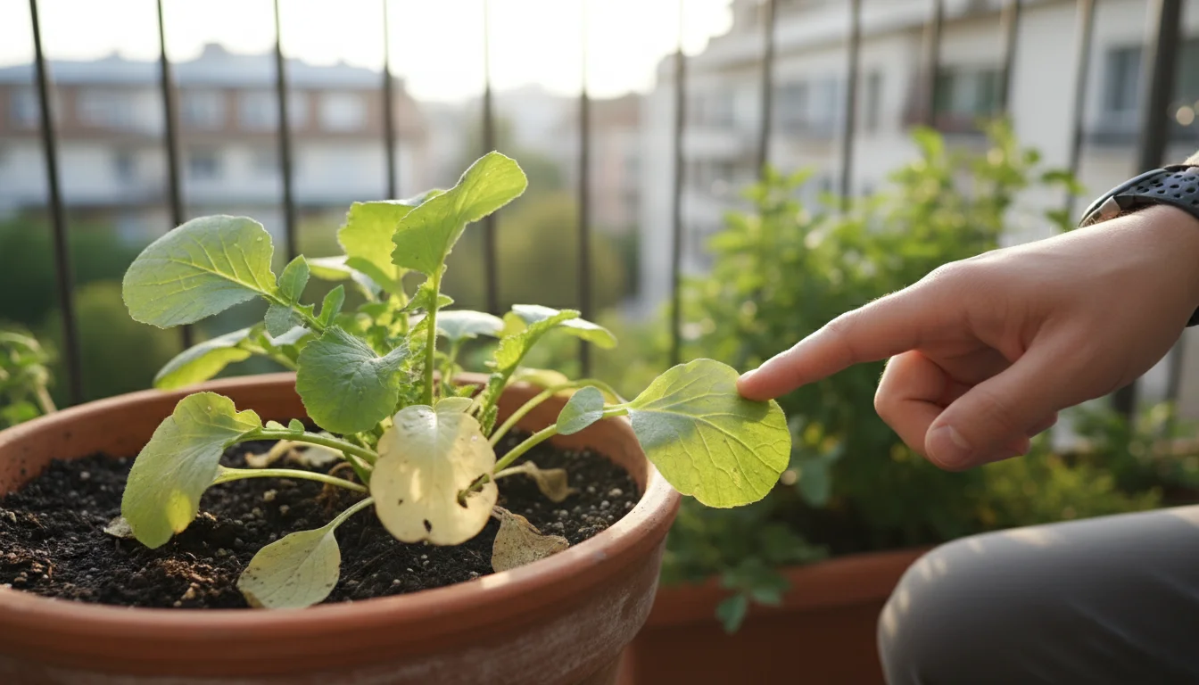 A gardener's hand gently points at a radish plant in a terracotta pot on a sunny balcony, showing minor leaf discoloration.