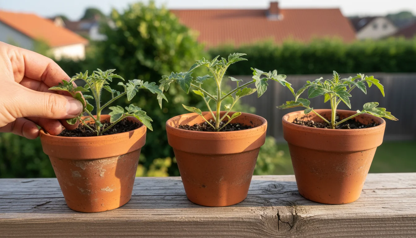 A gardener's hand points to a tiny 'Micro Tom' tomato plant in a terracotta pot among other dwarf varieties on a rustic balcony railing.