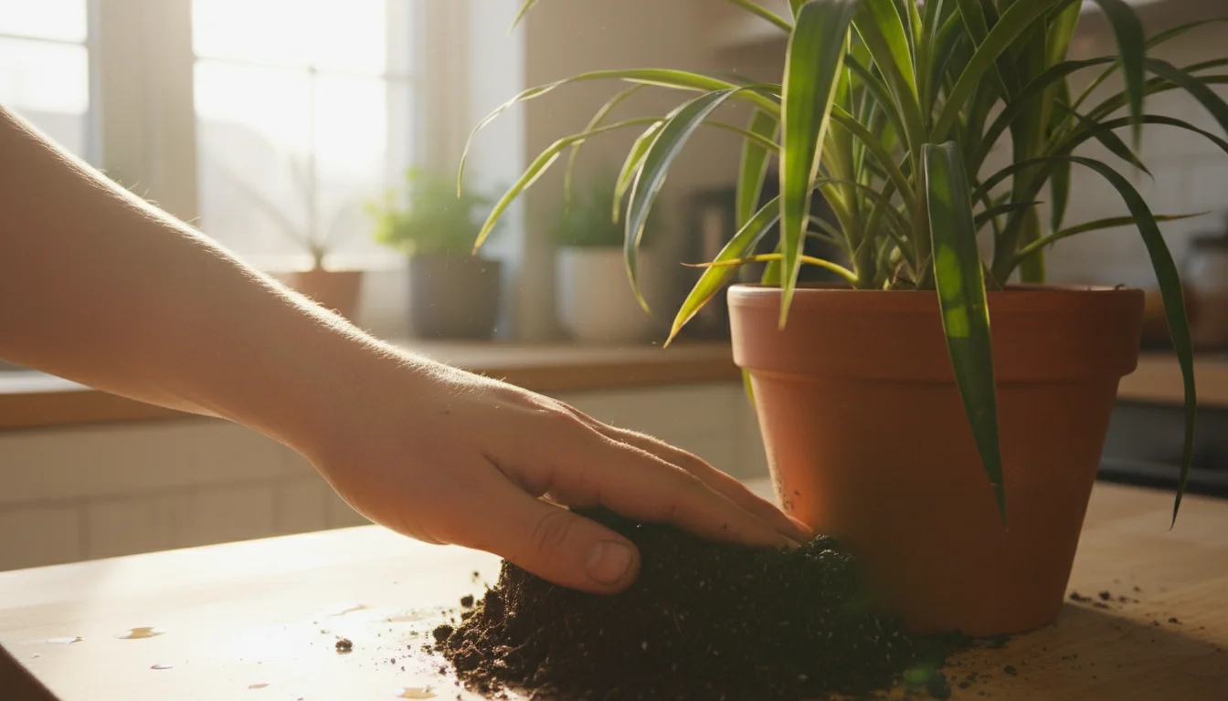 A gardener's hand gently pokes the dark, moist soil of a potted Dracaena plant on a kitchen counter, checking its condition.