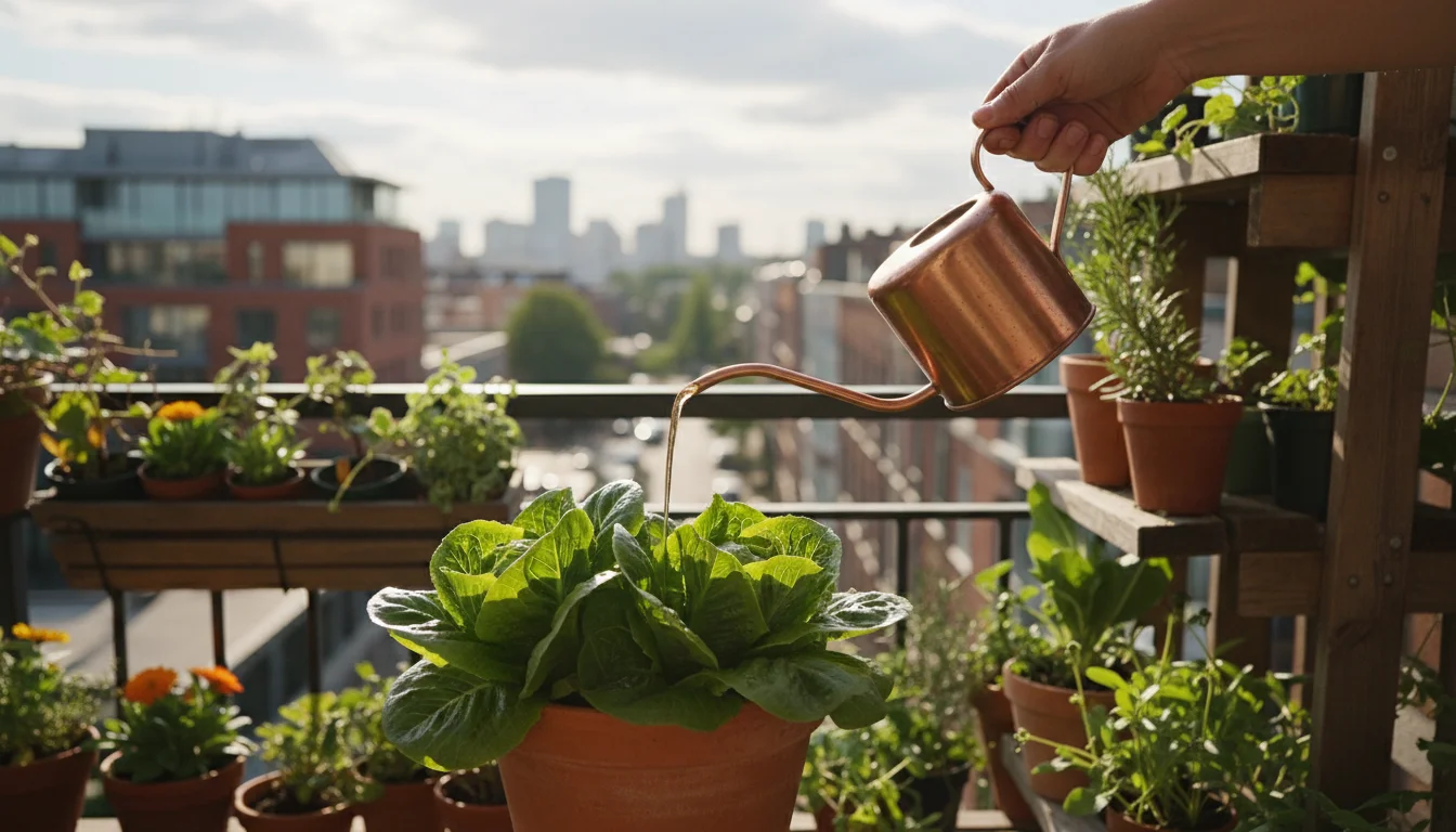 Gardener's hand gently pouring liquid organic fertilizer into a terracotta pot of vibrant lettuce on a sunlit urban balcony.