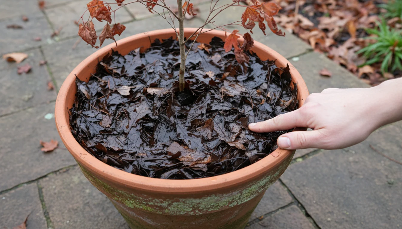 A gardener's hand presses into a dense, matted layer of wet fall leaves in a terracotta pot with a struggling plant.