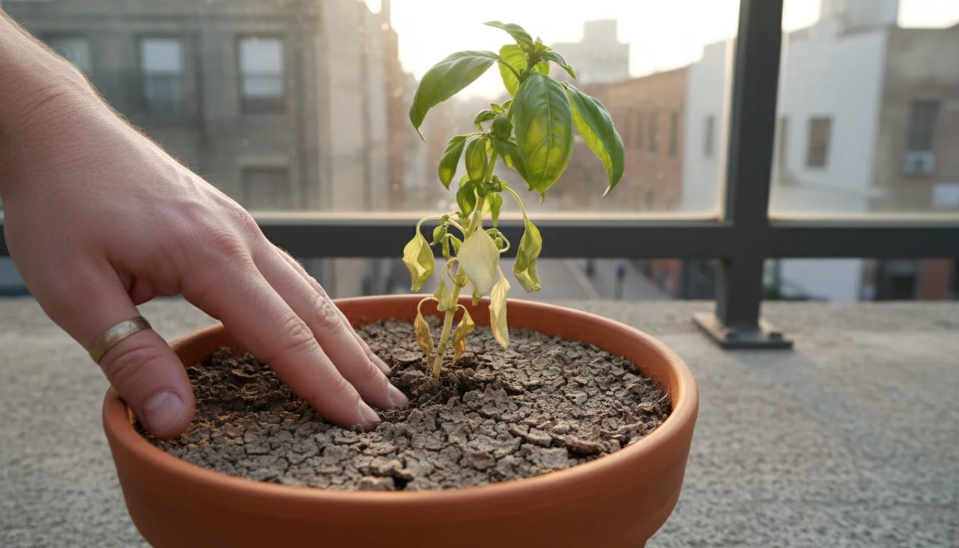 A gardener's hand probes dry, crusty soil in a terracotta pot containing a struggling basil plant with yellowing leaves on an urban balcony.