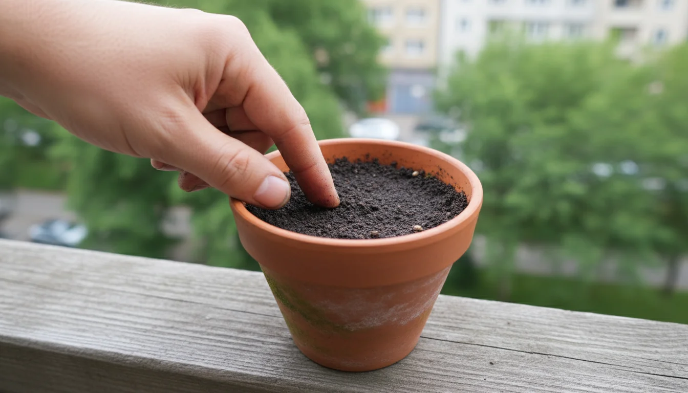 Gardener's hand gently probes empty, moist soil in a terracotta pot on a balcony railing, with a torn, faded radish seed packet nearby.