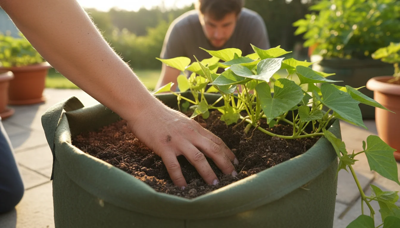 A gardener's hand gently probes the soil of a sweet potato plant in a large fabric grow bag on a patio.