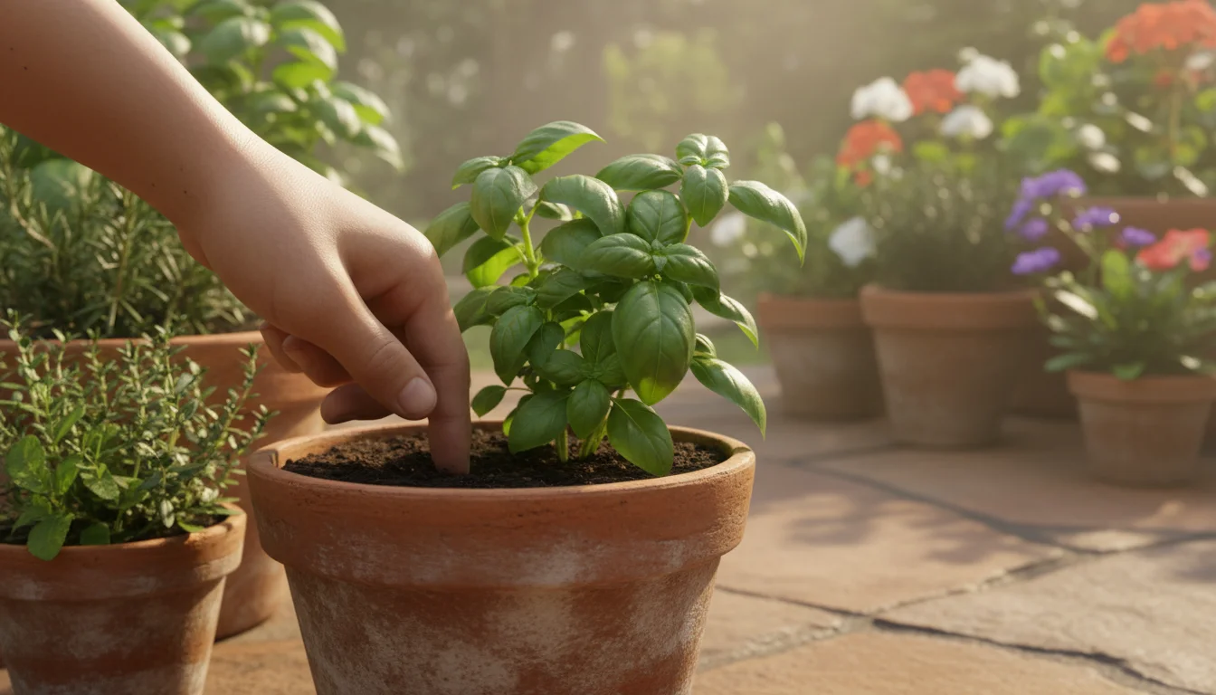A gardener's hand gently probes soil in a terracotta pot with basil on a humid patio, checking moisture.
