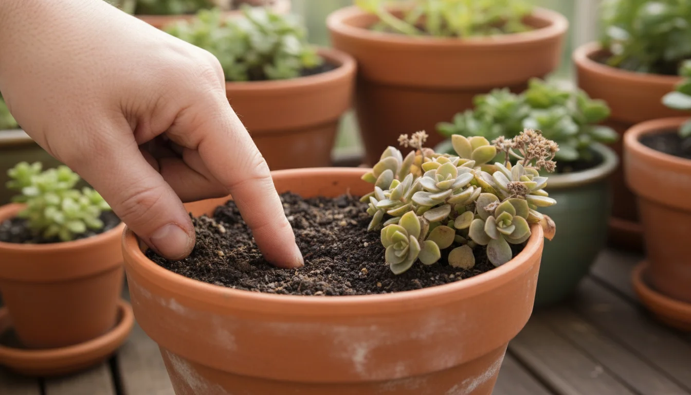 A gardener's hand gently probes the soil in a terracotta pot containing a sedum, checking for moisture.